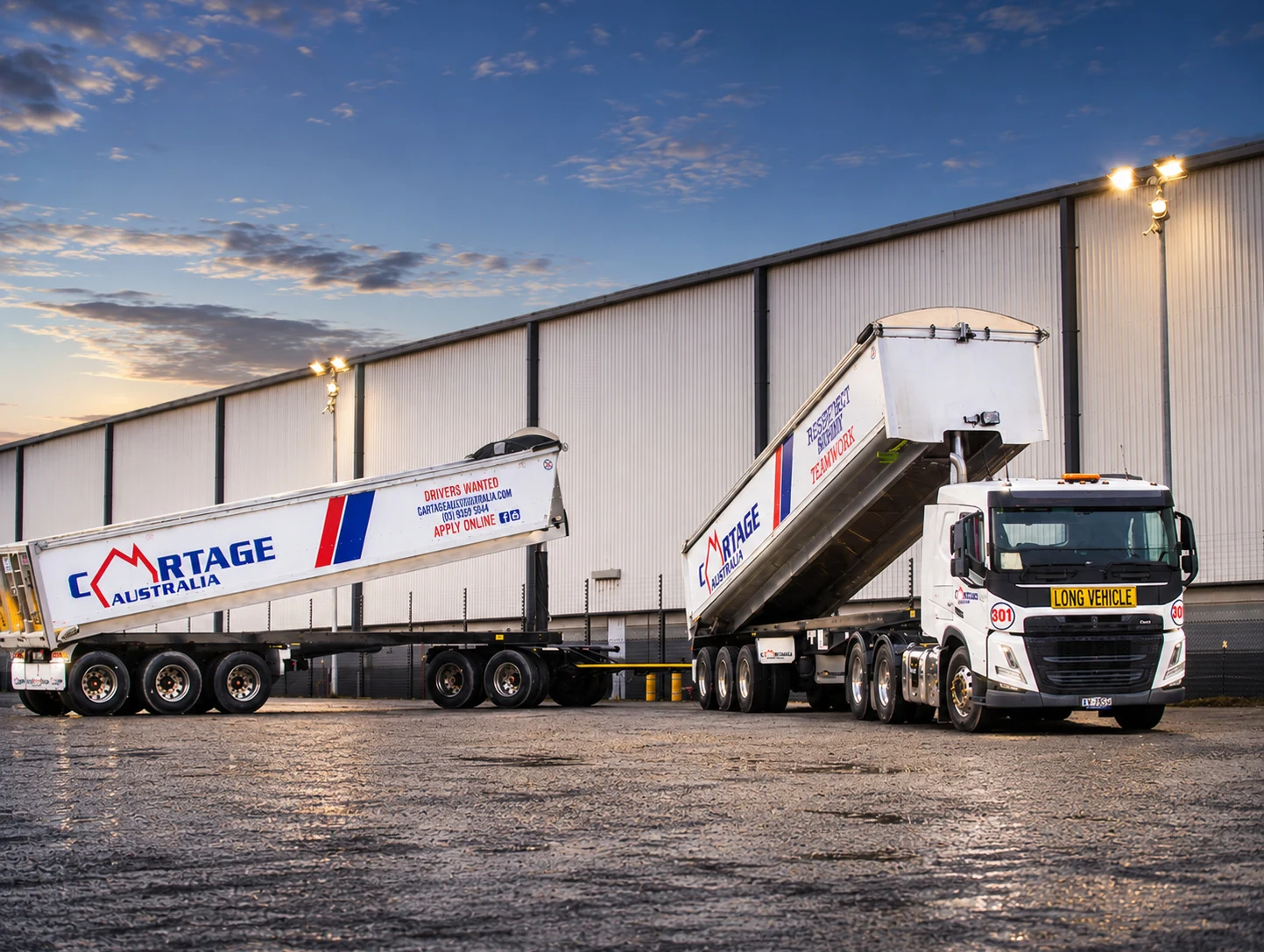 Cartage Australia A-Double combination at dusk